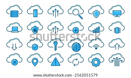 Cloud sync icons. Computer clouds technology symbols storage for save transfer error problem, internet synchronization system pictograms, network folder data hosting signs