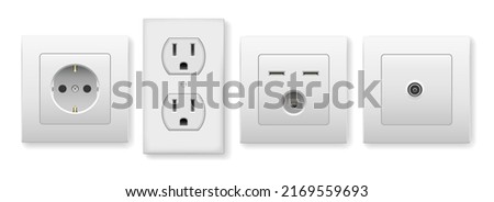 White wall sockets. Connecting ac power tv phone usb devices socket outlet plates, home electrical adapter objects plugging cables connections vector isolated