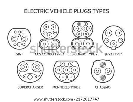 Electric car connectors. Ev charger plugs and charging sockets types, electrical vehicle ports, chargers connector hardware plug standards vector illustration Сток-фото © 
