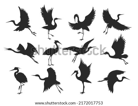Heron silhouettes. Egret silhouette vector illustration, flying taking off and standing herons isolated on white background, crane flight outline birds