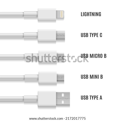 Usb lightning cables. Mobile device connector technology types, data storage connectivity plugs vector illustration, computer plugged connectors isolated