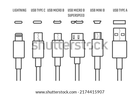 Usb cables icons. Electronic device input cable cords, internet charging wires signs, lightning micro usb types for mobile phone connector plugs Сток-фото © 