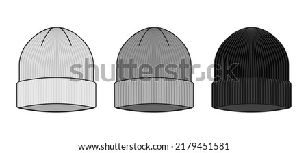 Beanie template. Wool beani cap isolated, snow beanies hat layout, vector winter knitted hats garment empty design, cloth running protection top head clothes vector illustration