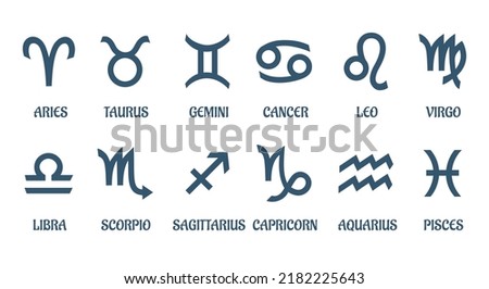 Simple zodiac signs. Twelve months constellation horoscope symbols, virgin virgo libra cancer pisces leo lion sagittarius archer ram scorpion taurus twins, astrological glyphs
