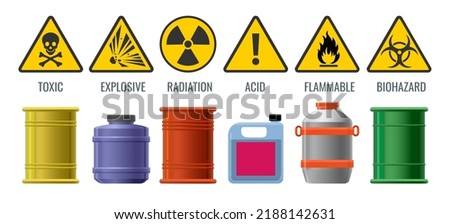 Tanks danger signs. Hazards storage symbols, vector chemical waste biohazard flammables toxic liquid substances containers warning icons