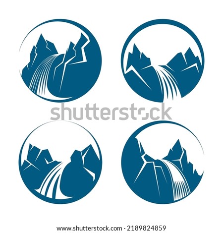 Waterfall icons. Mountains waterfalls illustration graphics, nature water flow from stones, cartoon cascading falls symbols for relaxing