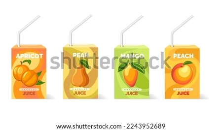 Fruit juice packets. Apricot pear mango peach juices packed boxes with straw pipes for kids and baby vector illustration isolated on white background