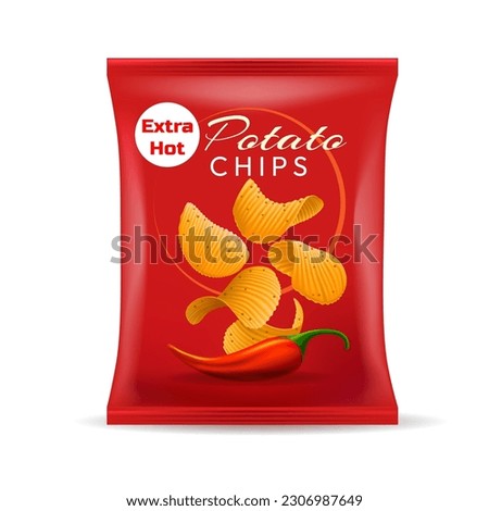 Potatoes chips package template. Potato crisps packing in realistic style vector illustration, hot potatos chip snacking packaging bag, snacks packet 3d red design isolated