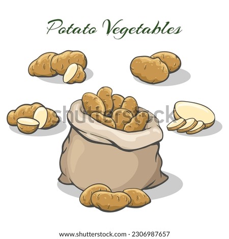 Potatoes sack and tubers. Potato burlap bag vector clipart isolated, cartoon brown gunny sac of tasty potatoe vegetables, raw murphy market crops vector graphics