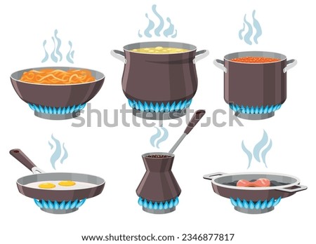 Kitchen utensils on gas stove set. Frying pan pots cezve wok pa, grill pan bouillon steak spagetti coffee eggs for home cooking isolated vector illustration