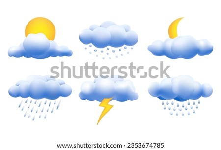 Different weather rain season cloud set. Rainy weathers icons, 3d lightning overcast sun moon clear sky raining deluge blue clouds type out clouds downpour collection isolated