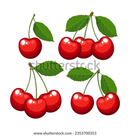 Cartoon cherries on white. Ripe cherry and bunches of cherry, set of tasty healthy red berries with green leaves flavored delicious dessert isolated vector graphics