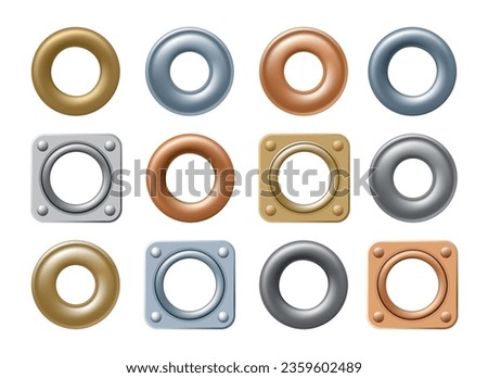 Metallic grommet set. 3d rounded and square eyelets for holes in labels and fabric clothes grummet components for jeans, silver gold chrome copper grommets vector isolated on white
