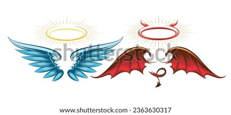 Devil and angel wings with halo. Colored heaven angels and hell devils winged emblems with glowing nimbus rings horns tail, evil and god costume signs isolated vector illustration