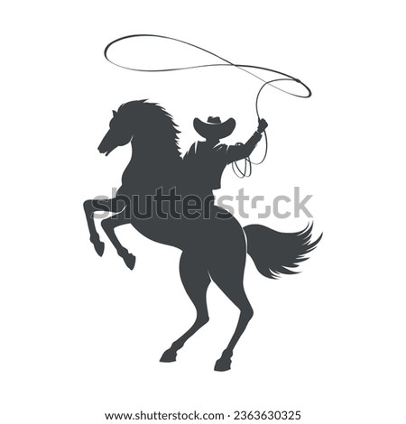 Monochrome cowboy with rope lasso on horse. Horseback cow-boy black silhouette element for country american texas rodeo western design isolated vector illustration