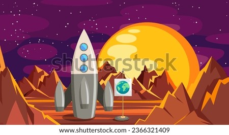 Spaceship on planet Mars. Mars space ship flying satellite on martian landscape, shuttle landing traveling expansion spaceships exploration technology planets cosmos illustration