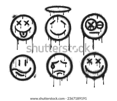 Spray painted graffiti smiling face set. Spraying emoticon smiley faces grunge graffittis signs with stains, black symbols on white isolated vector illustration