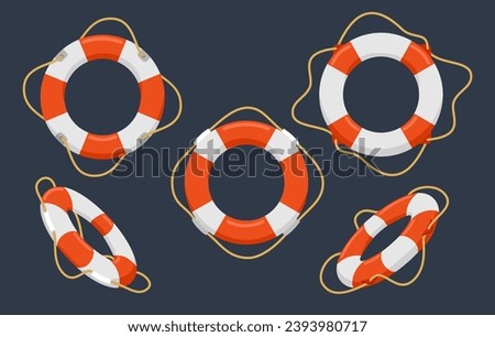 Lifebuoy cartoon elements. Red and white rescue lifeguard buoys with ropes flat vector illustration, marine inflatable sos equipment isolated on background