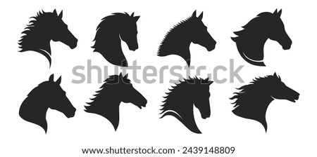 Horse head silhouettes. Monochrome isolated horses heads black graphic elements for tattoo dressage freedom concepts collection on white