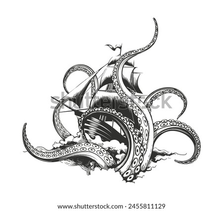 Giant octopus catches sail ship. Kraken attack hand drawn engraving vector illustration