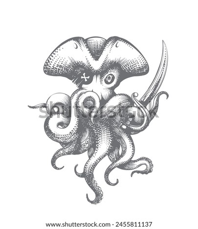 Octopus pirate sketch. Hand drawn octopus nautical captain in hat with sabre engraving, marine kraken corsair etching graphics isolated vector illustration