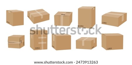 Cardboard box mockup set. Carton packaging box collection with tape and transportation symbols isolated vector illustration