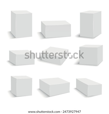 White cardboard box set. 3d blank medicine package medical product square box mockups container packages isolated vector illustration