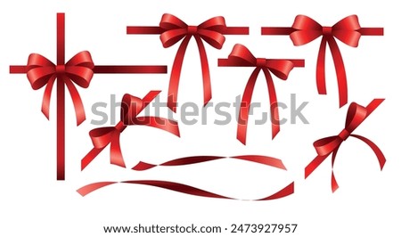 Red bows and ribbon. Festive new year birthday scarlet gift package elements isolated vector illustration