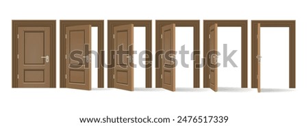 Oak door open and closed. Wooden door with platband set isolated vector illustration