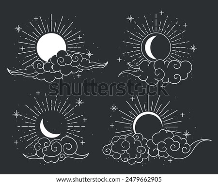 Traditional asian sun moon with clouds. Cartoon white sun moon cloud stars set isolated vector illustration