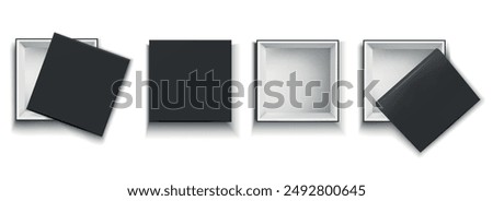 Realistic black box top view mock up set. Empty 3d open and closed lids cardboard paper boxes isolated vector illustration