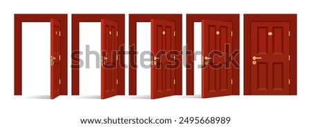 Classic house doors sprites phases. Royal red open and closed front door set isolated vector illustration