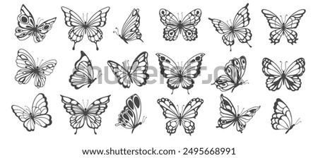 Silhouettes of butterflies. Monochrome Insect butterfly black winged gorgeous insect set isolated vector illustration