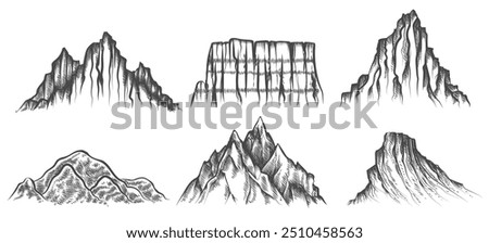 Mountain peak sketches. Cliff relief mountains hand drawn silhouette set isolated vector illustration