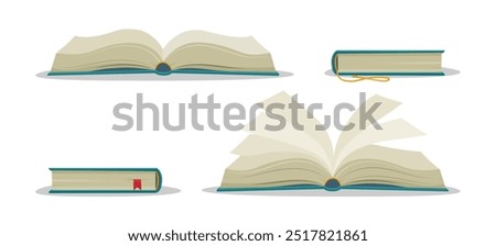 Opened and closed book set. Books with bookmarks and fluttering pages isolated vector illustration