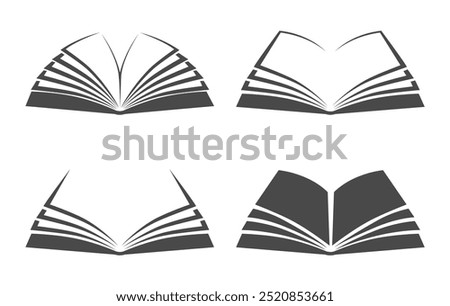 Opened book logo set. Monochrome books with fluttering pages isolated vector illustration