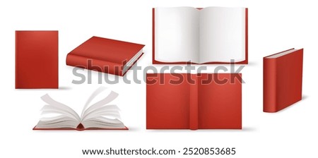 Realistic hard cover book with red spine and cover mockup. Closed and open books set isolated vector illustration