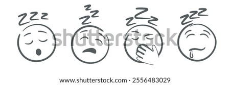 Doodle sleeping emoji set. Fun characters isolated vector illustration