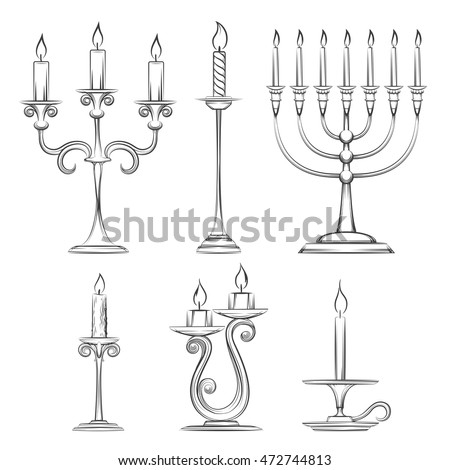 Vector hand drawn candlesticks. Vintage candelabra, candlestick and menorah sketch