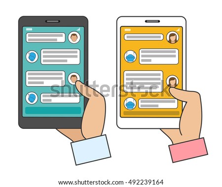 Chat bot connected. Man and woman chatting with AI chatbot in instant messenger on smartphone. Vector illustration
