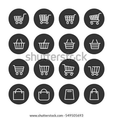 Shopping baskets thin line icons set in black circles. Vector illustration