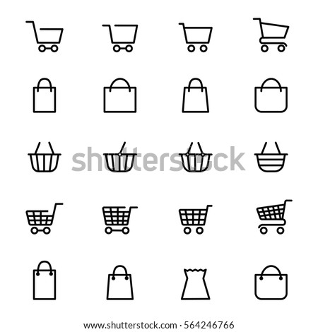 Shopping baskets and store bags line icons isolated on white. Vector illustration