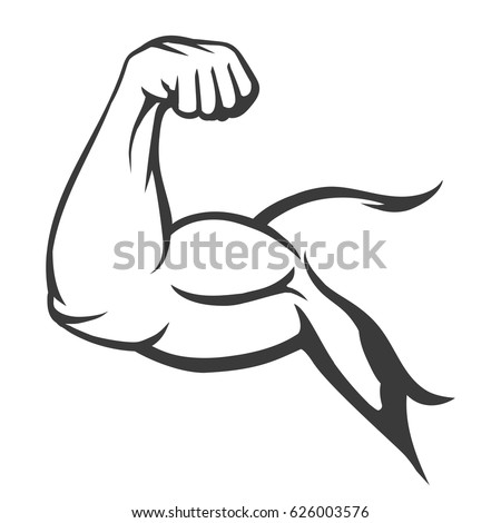 Bodybuilder muscle flex arm vector illustration. Strong macho biceps gym flexing hand vector icon isolated on white background