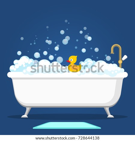 Bathtub vector illustration. Relax bathroom interior with vintage bath and soap foam bubbles