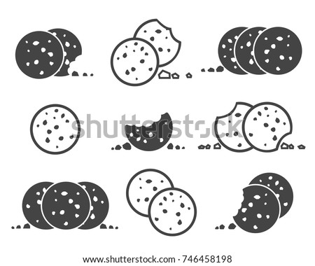 Bitten chip cookies icon set. Biscuit cookie or biscotti vector icons isolated on white background