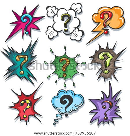 Pop art speech bubble question marks. Cartoon questions box set isolated on white background, vector illustration