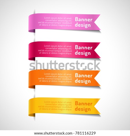 Set of colored decorative arrow ribbons with text. Pink, red, orange, yellow banners, labels and flags vector illustration