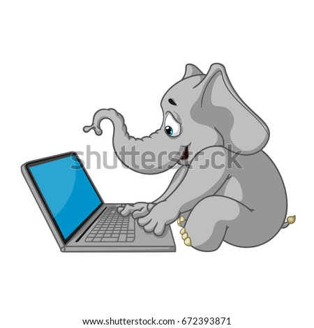 Elephant. Character. Sits at the computer. Work on the Internet. Communication in the network. Big collection of isolated elephants. Vector, cartoon.