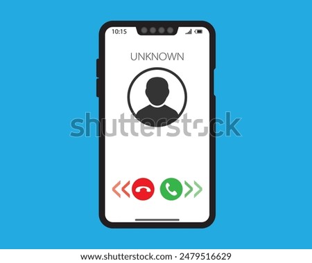 Incoming call from unknown in flat style vector. Screen, phone, mobile, interface, incoming, unknown, telephone, technology, cellphone, caller, call. Can use for banner, web design, poster.