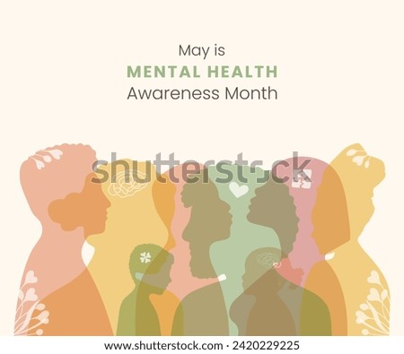 May is Mental Health Awareness month Banner. Informing, reminding about importance of good state of mind. Psychological well-being presentation. Minimalist design with people silhouette in flat style